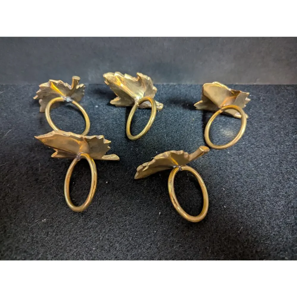 Vintage Solid Brass Leaf Napkin Rings Set of 5 Autumn Fall Table Decor